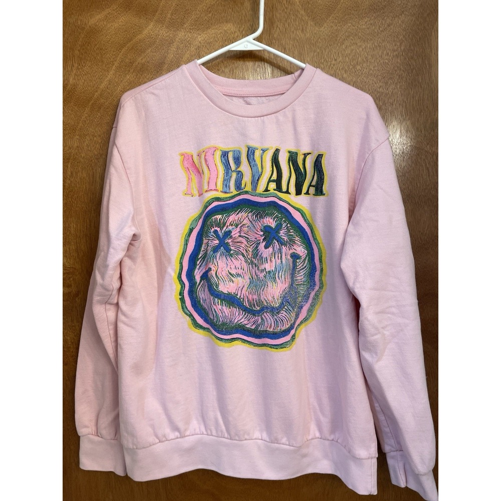 Nirvana Sweatshirt Women's Oversized XL Pink Cotton Graphic Print Crew Neck